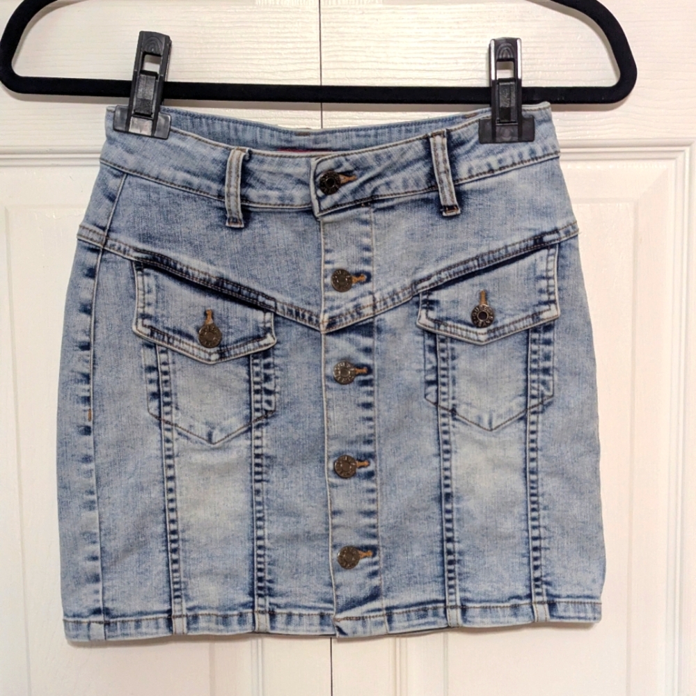 Guess Faded Blue Button-Up Mini Skirt